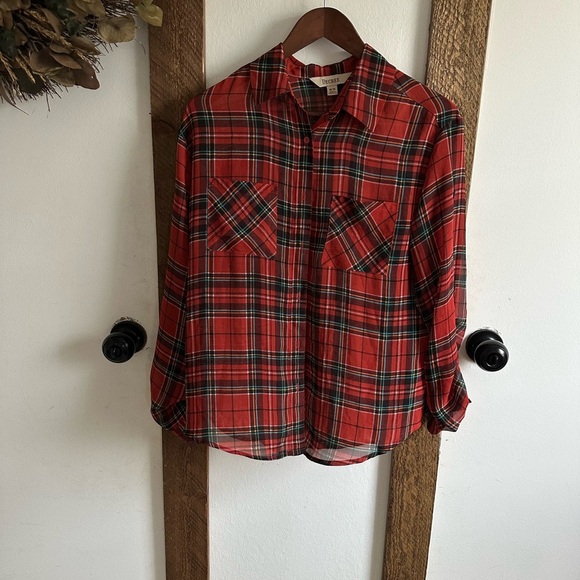 Y2K Decree Plaid Blouse Semi-Sheer Red Teal Yellow Button Front Women’s Medium - Picture 4 of 16